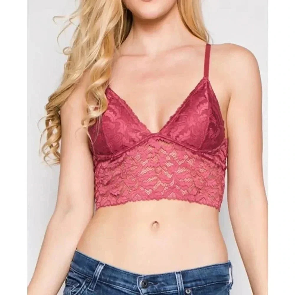 Free People Women's Dark Pink Brami Lace Bralette Cropped Top Small